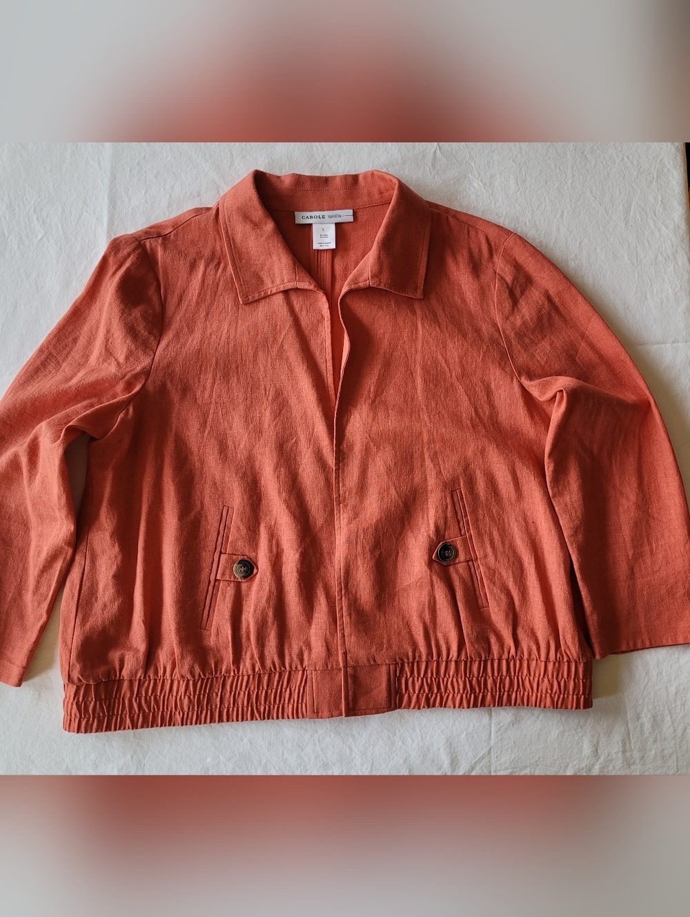 Carole Little Coral-Orange Lightweight Linen/rayon Open Jacket Size L